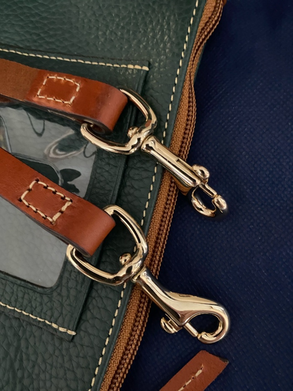 Dooney & Bourke Green Leather Tote with Brown Trim and Matching Pouch - Picture 6 of 13